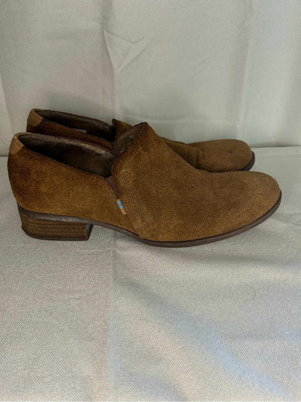 Toms Suede Brown Leather Loafer Bootie Heel Shoes Country Western Cowgirl Boho‎